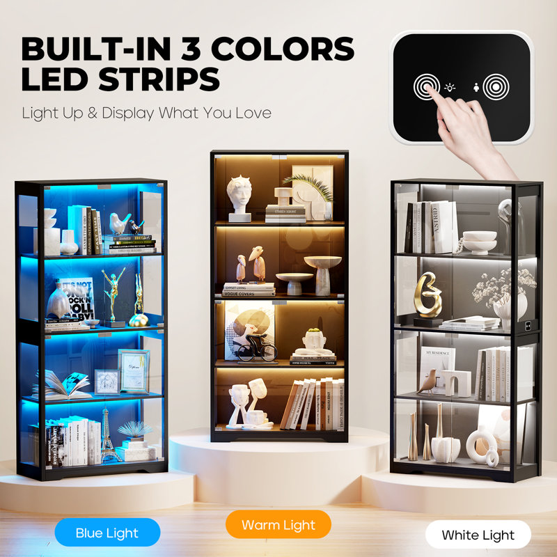 Glass Display Cabinet Curio Cabinet Bookcase with 3 Color LED Lights Black